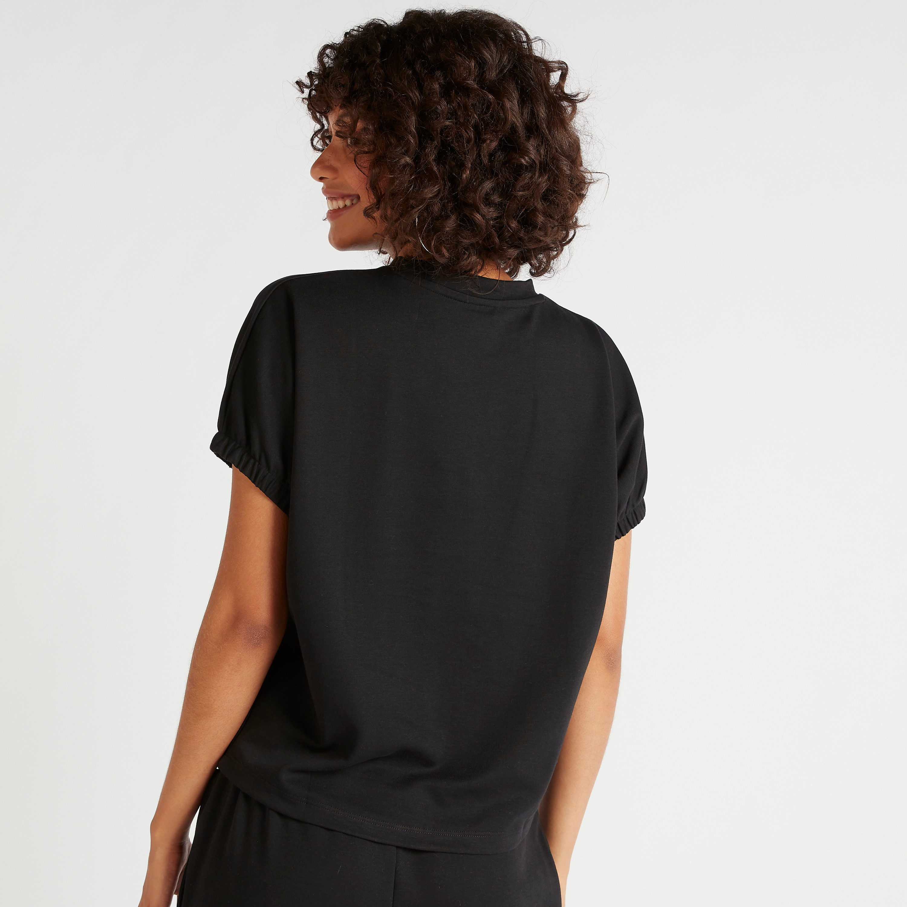 Solid Crew Neck T-shirt with Elasticated Sleeve Hems-women-clothing-tshirts-image-4