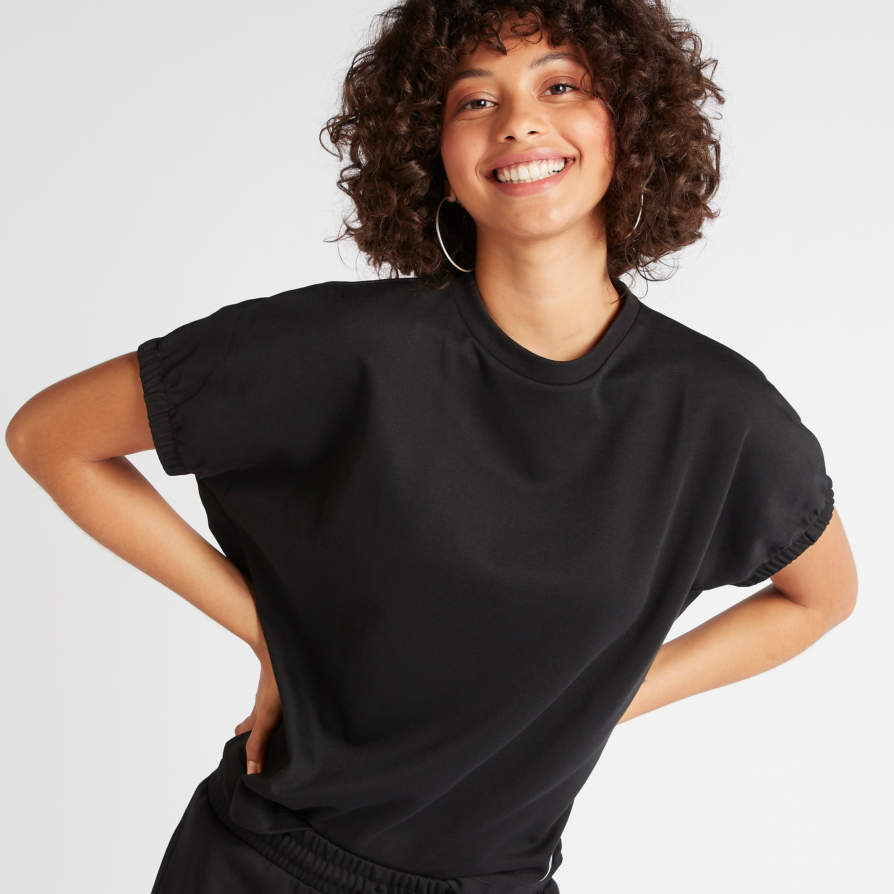 Solid Crew Neck T-shirt with Elasticated Sleeve Hems-women-clothing-tshirts-image-5