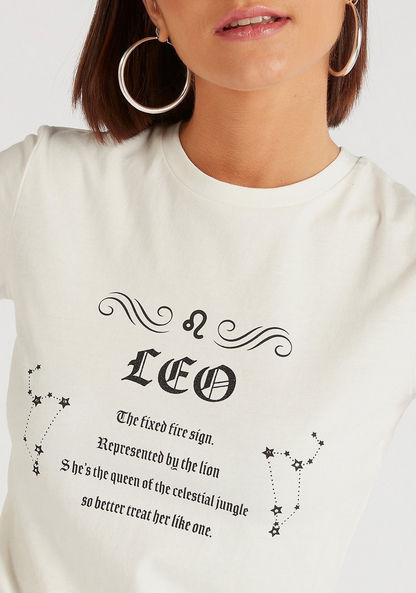 Zodiac Leo Print Crew Neck T-shirt with Cap Sleeves