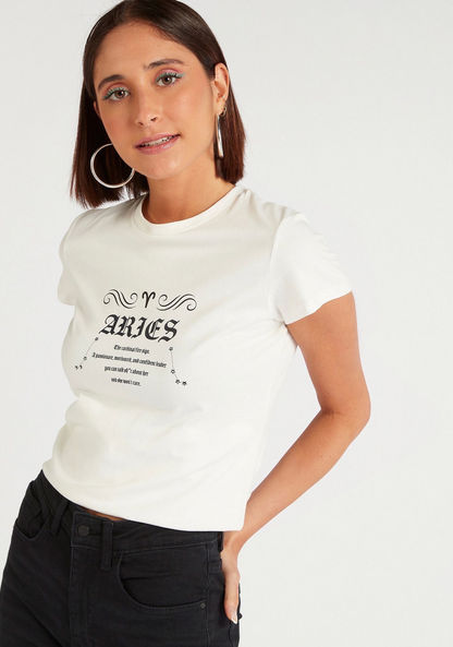 Zodiac Aries Print Crew Neck T-shirt with Cap Sleeves
