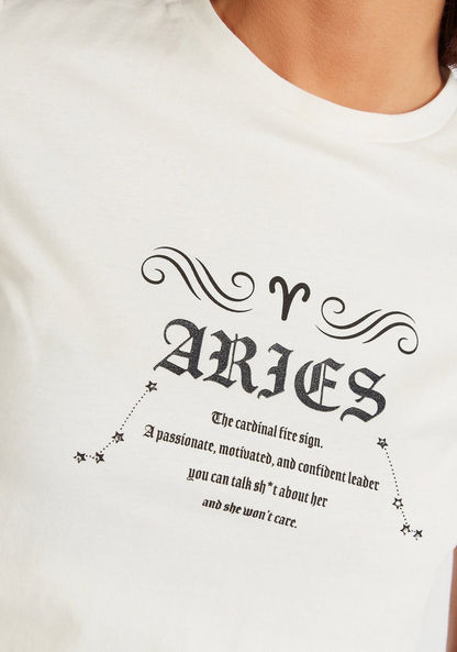 Zodiac Aries Print Crew Neck T-shirt with Cap Sleeves