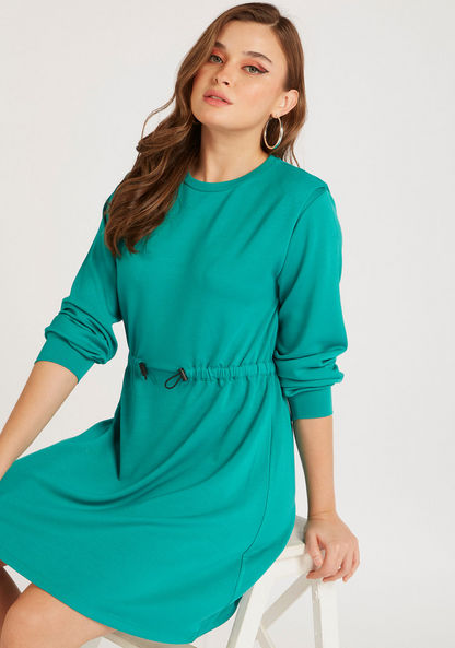 Solid Midi A-line Dress with Drawstring Detail and Long Sleeves