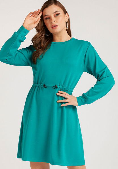 Solid Midi A-line Dress with Drawstring Detail and Long Sleeves
