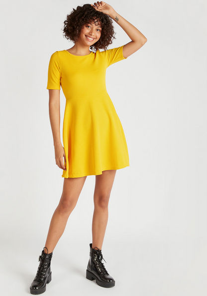 Textured Mini Skater Dress with Short Sleeves and Round Neck