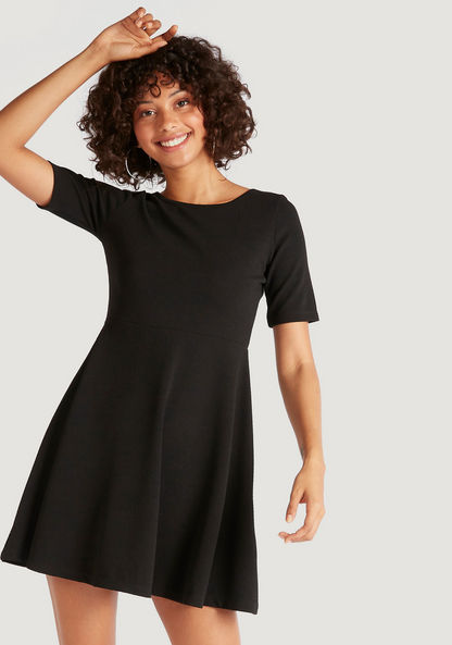 Textured Mini Skater Dress with Short Sleeves and Round Neck