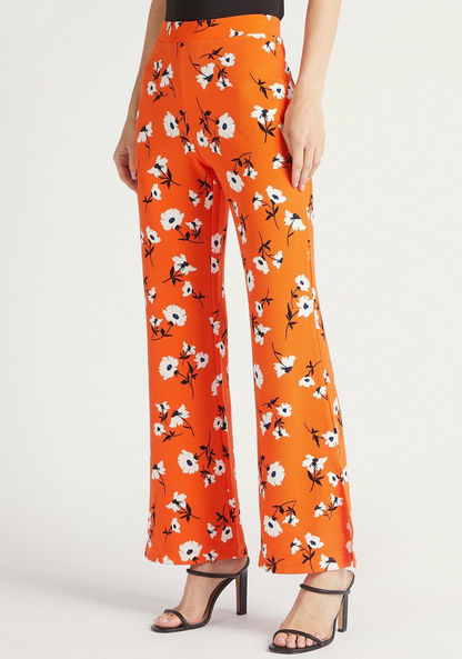 Floral Print High-Rise Trousers with Elasticised Waistband and Side Slit Detail