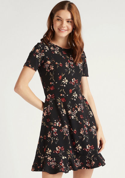 Floral Print Mini A-Line Dress with Flared Hem and Short Sleeves