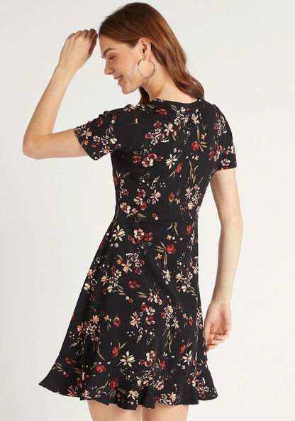 Floral Print Mini A-Line Dress with Flared Hem and Short Sleeves