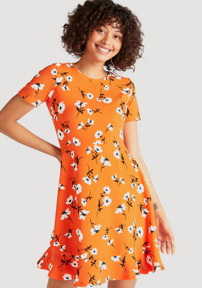 Floral Print Mini A-line Dress with Short Sleeves