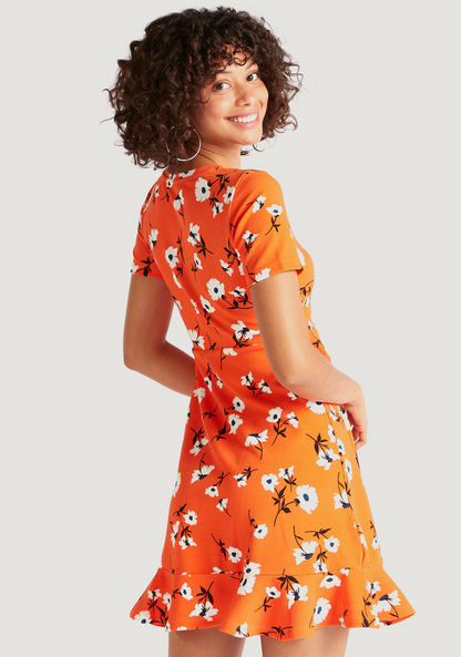 Floral Print Mini A-line Dress with Short Sleeves