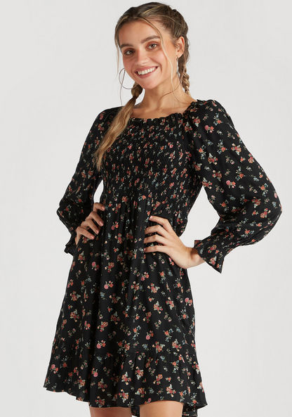 Floral Print Mini A-Line Dress with Long Sleeves