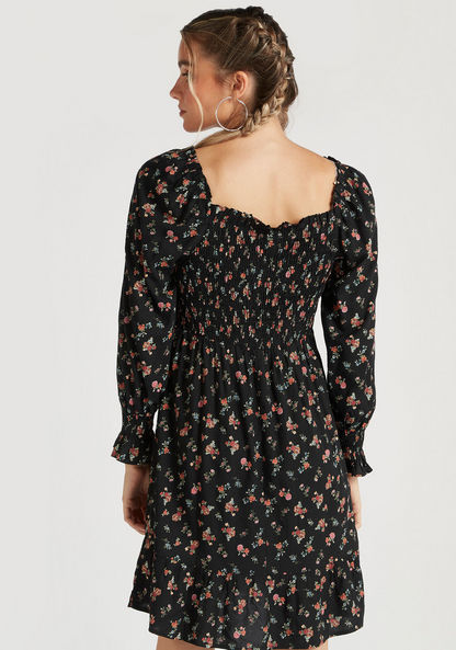 Floral Print Mini A-Line Dress with Long Sleeves