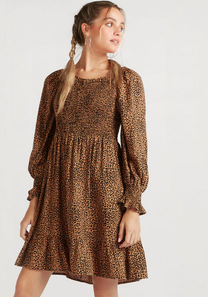 Animal Print Mini Swing Dress with Puff Sleeves and Smocked Detail