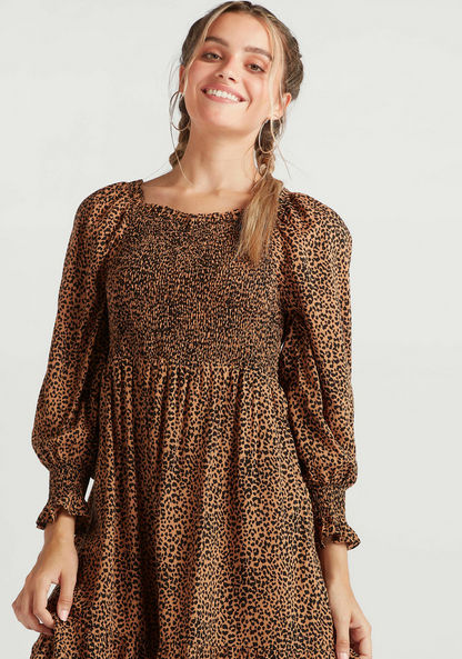 Animal Print Mini Swing Dress with Puff Sleeves and Smocked Detail