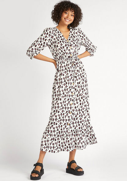 Animal Print V-neck Midi A-line Dress with 3/4 Sleeves and Tie Up