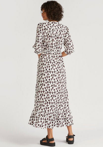 Animal Print V-neck Midi A-line Dress with 3/4 Sleeves and Tie Up