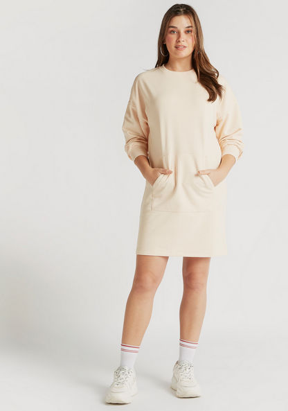 Solid Sweat Dress with Pocket and Long Sleeves