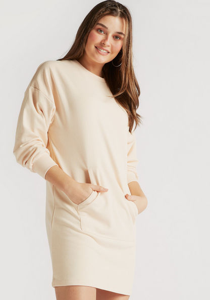 Solid Sweat Dress with Pocket and Long Sleeves