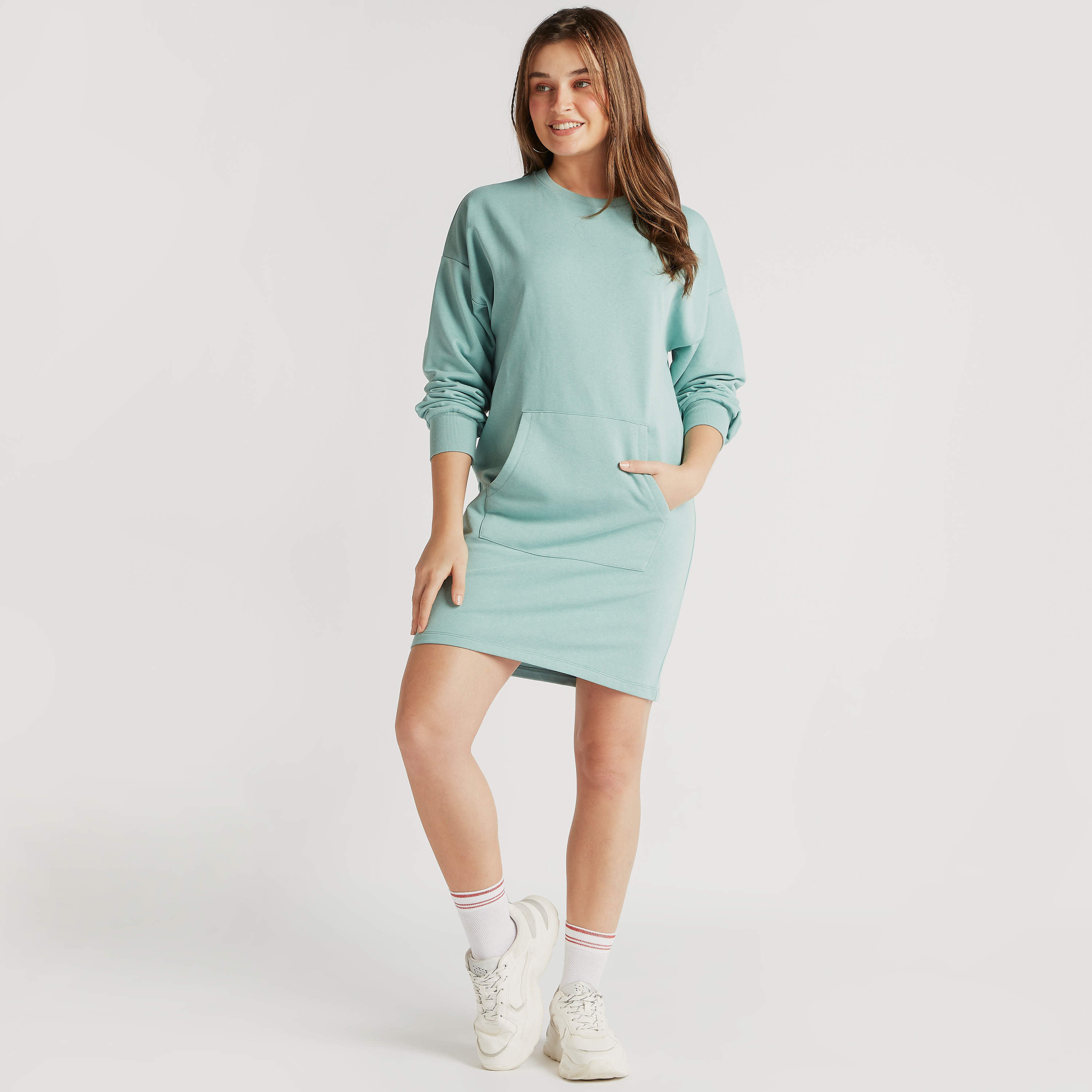 Buy Solid Sweat Dress with Pocket and Long Sleeves Splash UAE