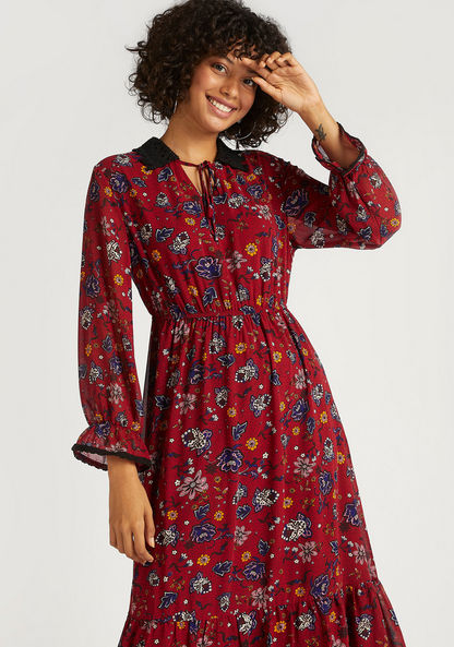Floral Print A-line Midi Tiered Dress with Long Sleeves and Elasticated Waist