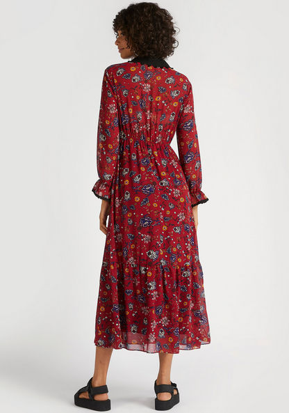 Floral Print A-line Midi Tiered Dress with Long Sleeves and Elasticated Waist