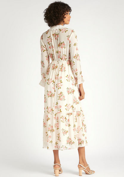 Floral Print A-line Midi Dress with Long Sleeves and Tie-Up Neck
