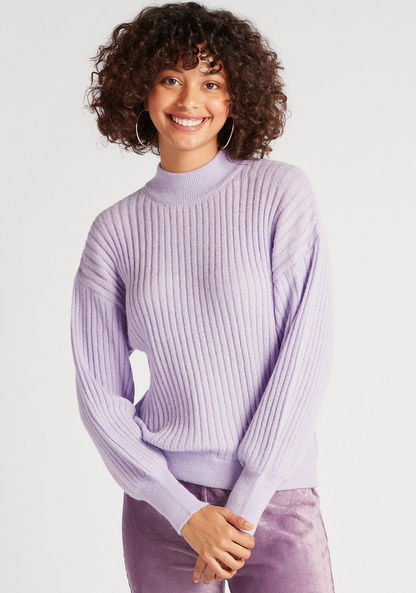 Textured Funnel Neck Sweater with Long Sleeves-Sweaters-image-0