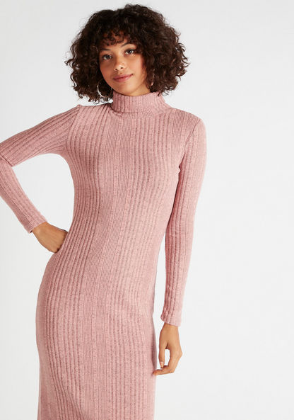 Textured Turtle Neck Midi Bodycon Dress with Long Sleeves