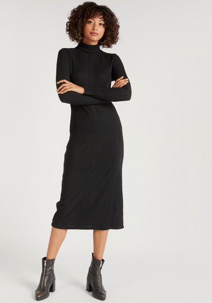 Textured Turtle Neck Midi Bodycon Dress with Long Sleeves