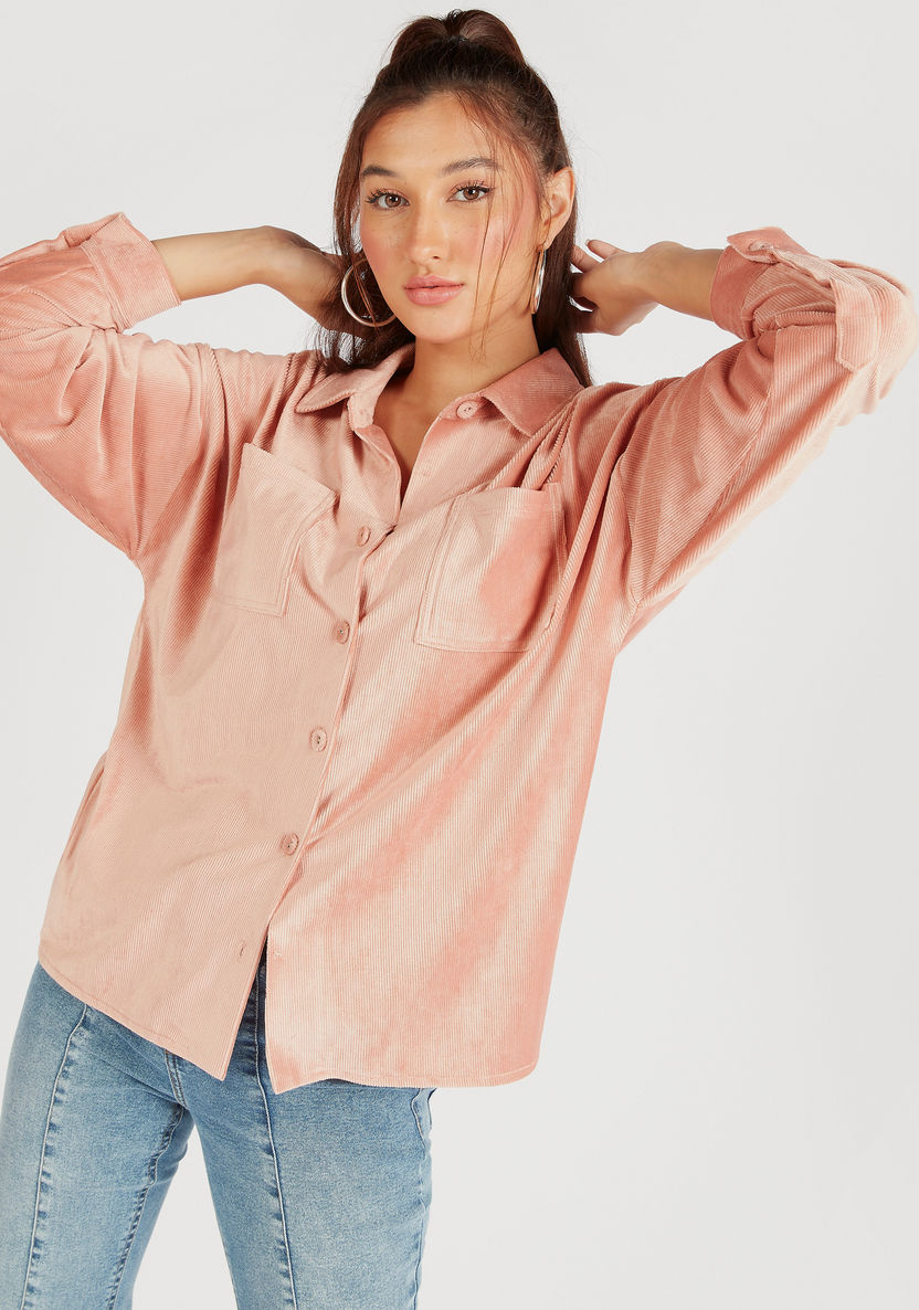 Textured Oversized Button Up Shirt with Long Sleeves and Patch Pockets-Shirts & Blouses-image-0