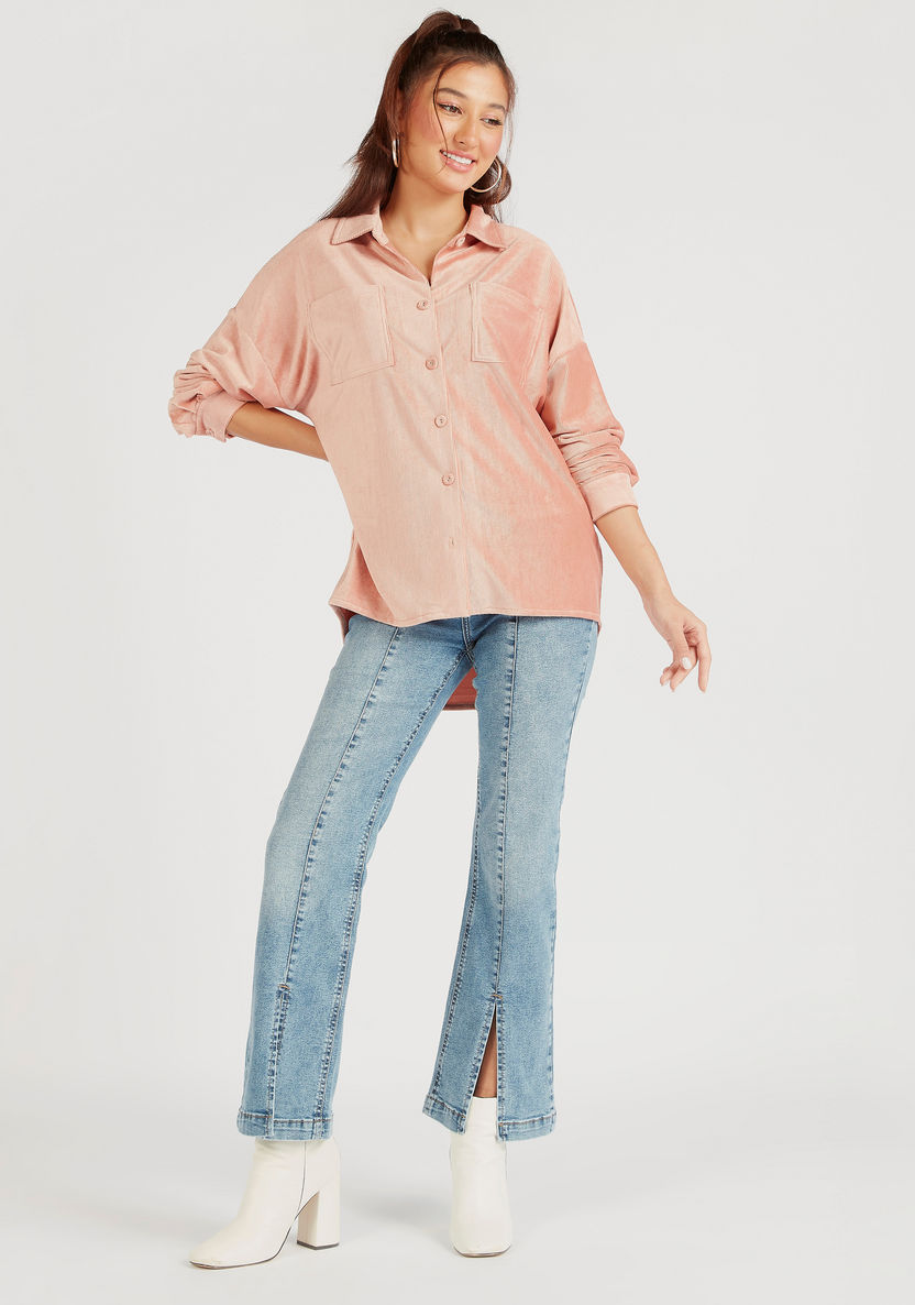 Textured Oversized Button Up Shirt with Long Sleeves and Patch Pockets-Shirts & Blouses-image-1