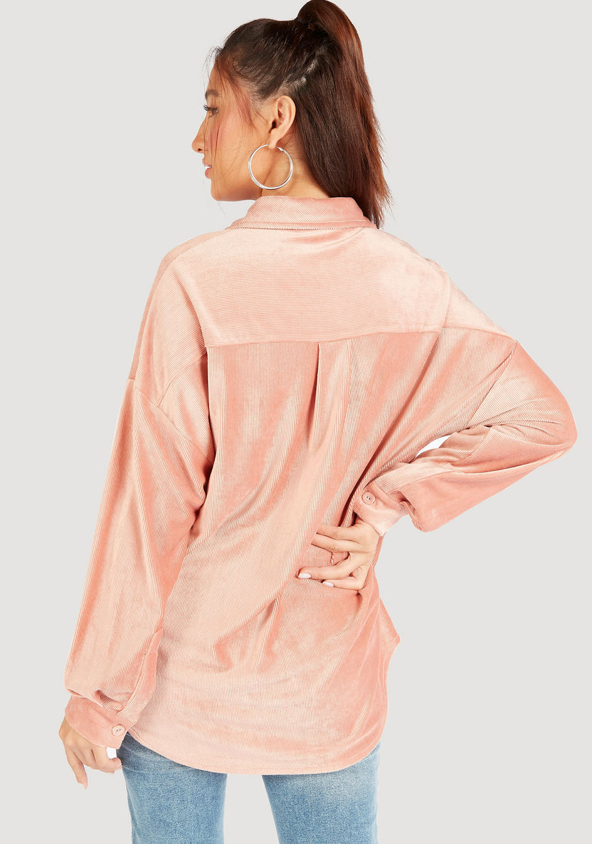 Textured Oversized Button Up Shirt with Long Sleeves and Patch Pockets-Shirts & Blouses-image-3