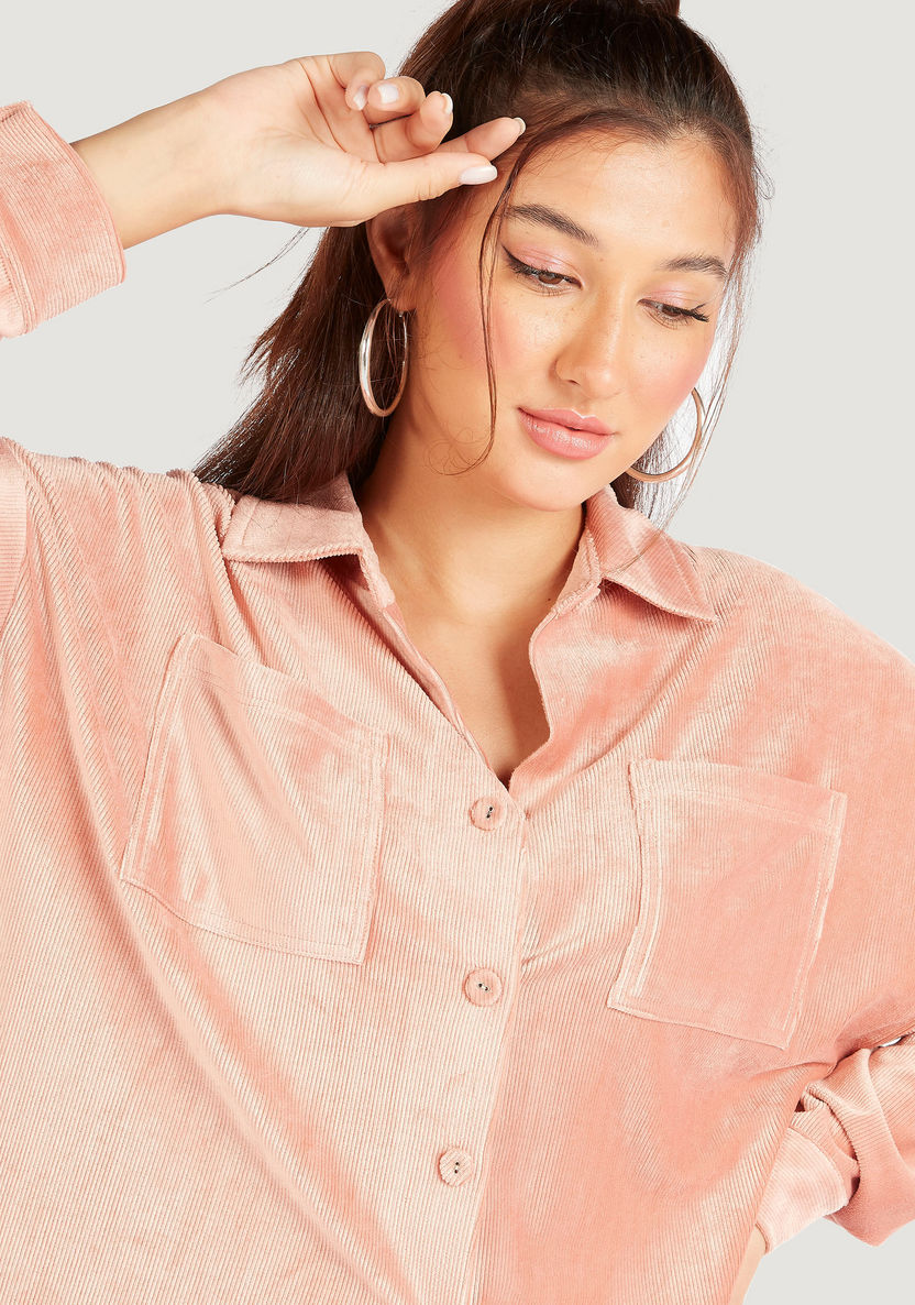Textured Oversized Button Up Shirt with Long Sleeves and Patch Pockets-Shirts & Blouses-image-4