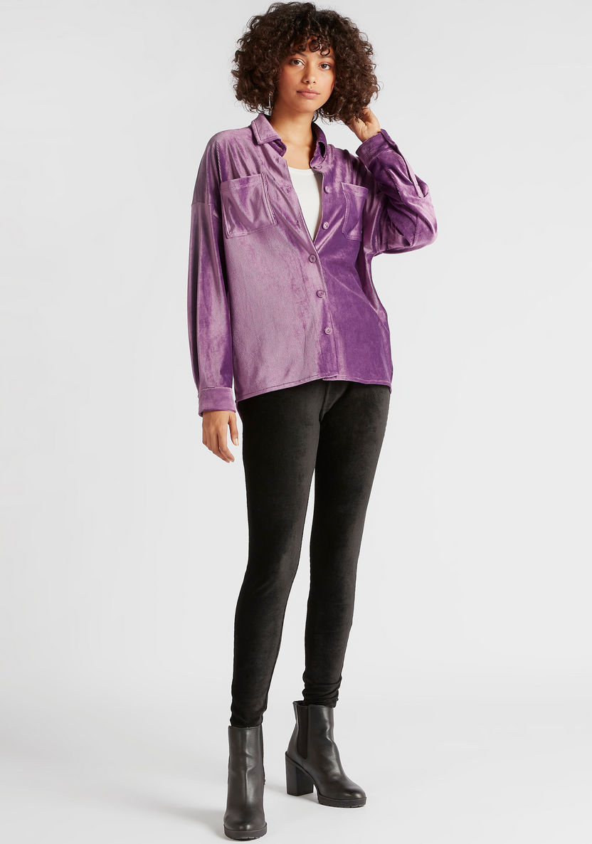 Textured Oversized Button Up Shirt with Long Sleeves and Patch Pockets-Shirts & Blouses-image-1