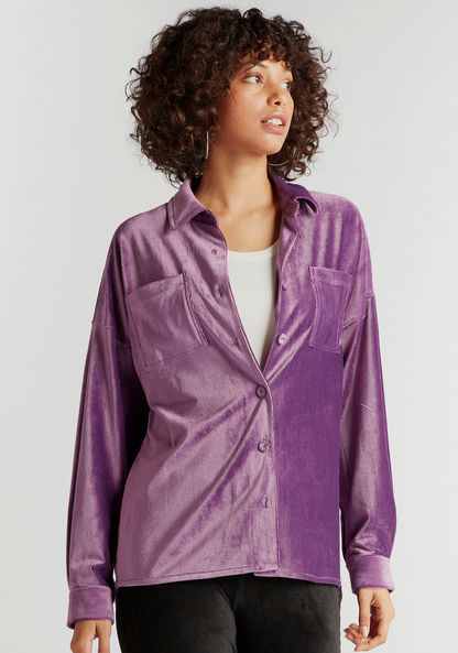 Textured Oversized Button Up Shirt with Long Sleeves and Patch Pockets