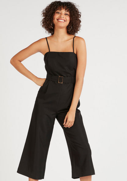 Solid Midi Belted Jumpsuit with Adjustable Straps