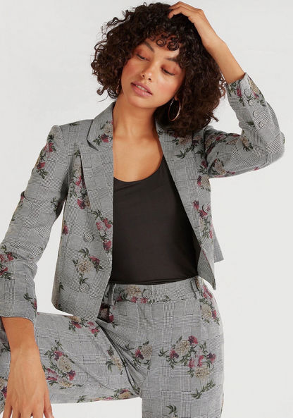 Floral Print Checked Lightweight Jacket with Lapel Collar and Long Sleeves