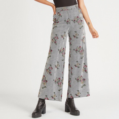Floral Print Checked High-Rise Palazzo Pants with Pockets