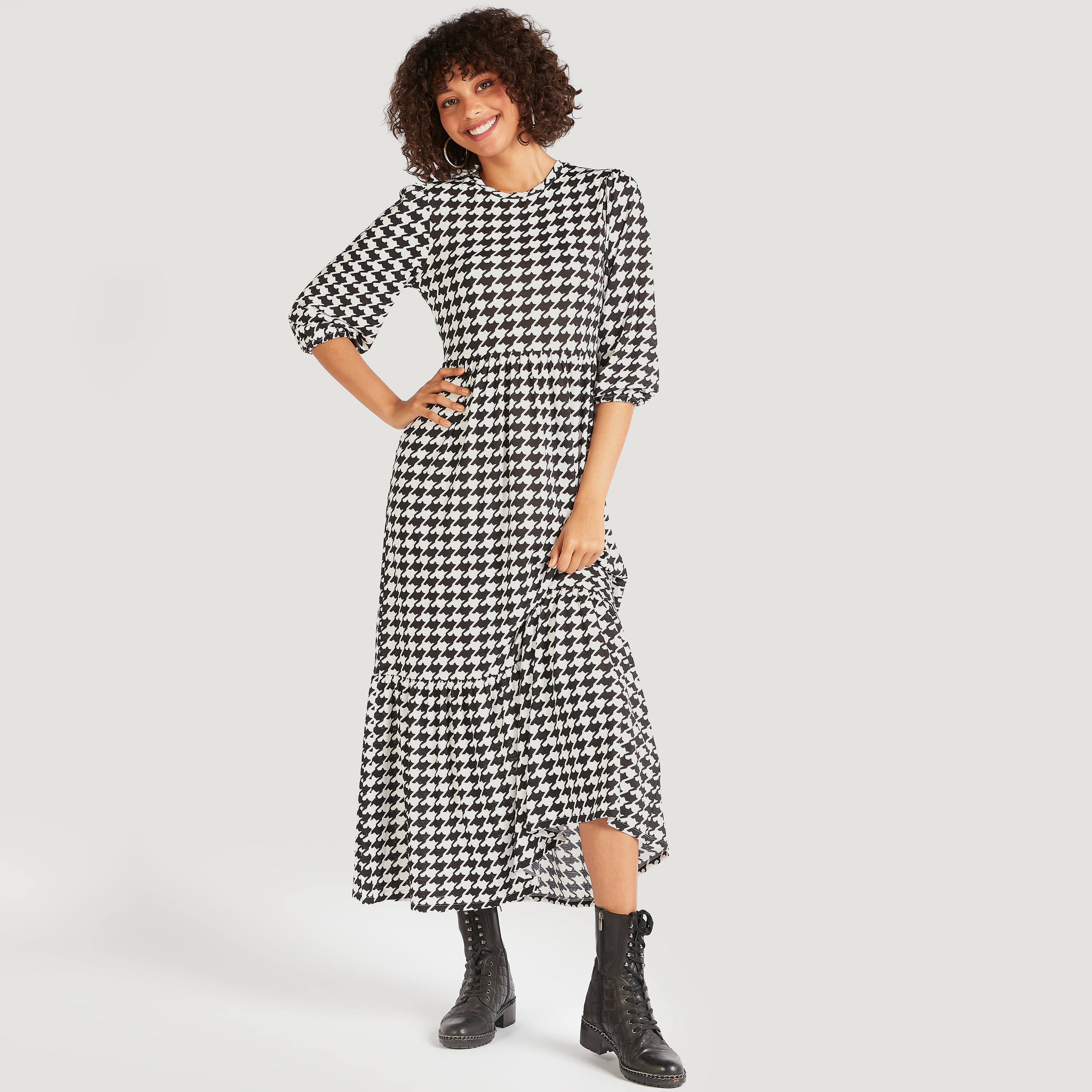 فستان مستدام كاروهات أبيض وأسود طويل إيه لاين بأكمام 3/4-women-clothing-dresses-image-2