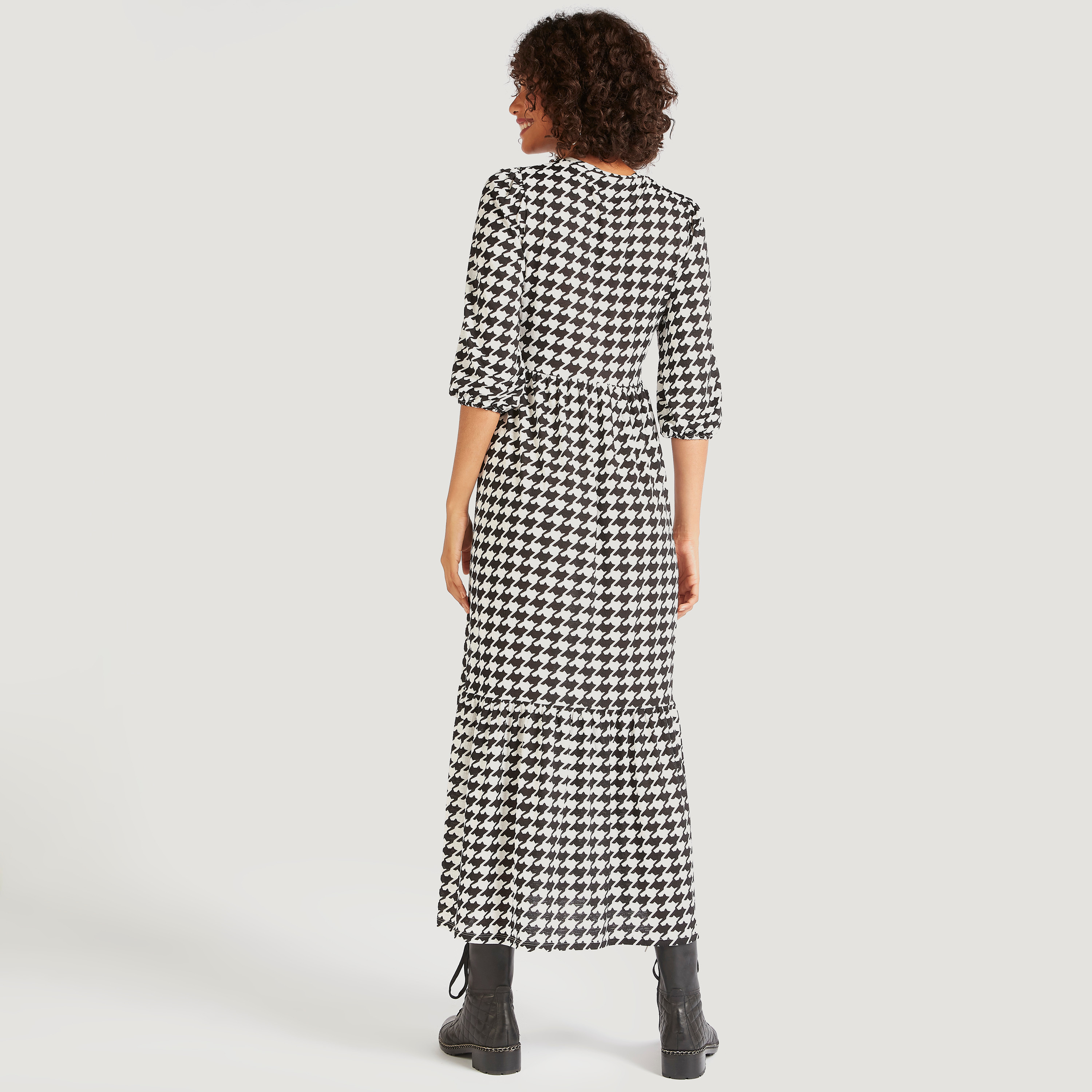 فستان مستدام كاروهات أبيض وأسود طويل إيه لاين بأكمام 3/4-women-clothing-dresses-image-4