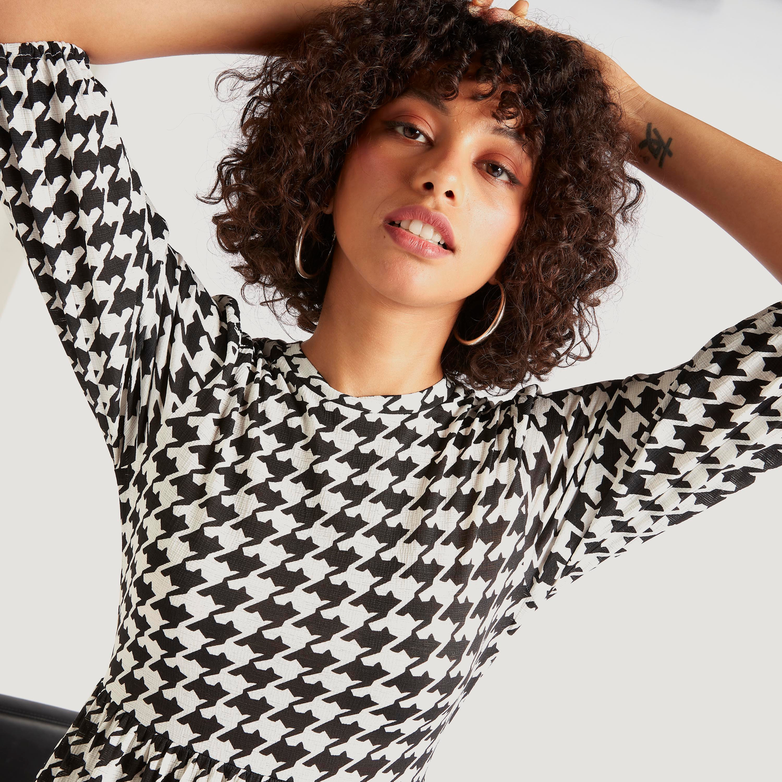 فستان مستدام كاروهات أبيض وأسود طويل إيه لاين بأكمام 3/4-women-clothing-dresses-image-5