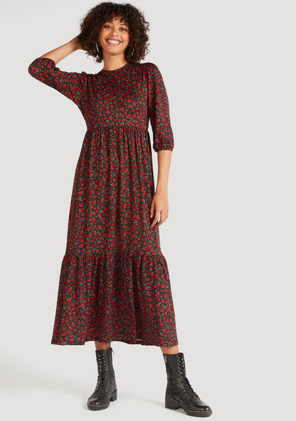 Floral Print Crew Neck A-line Maxi Dress with 3/4 Sleeves