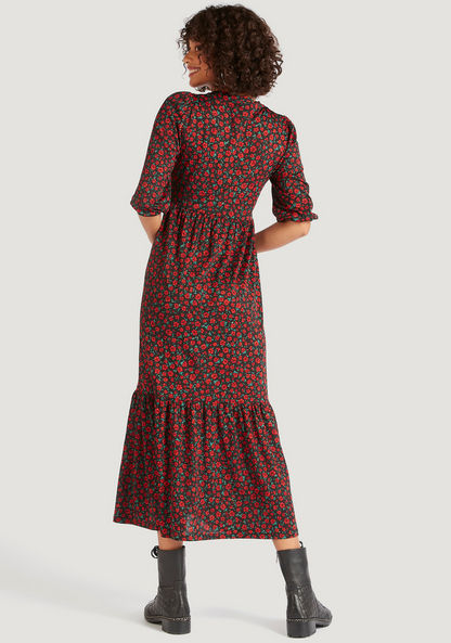 Floral Print Crew Neck A-line Maxi Dress with 3/4 Sleeves