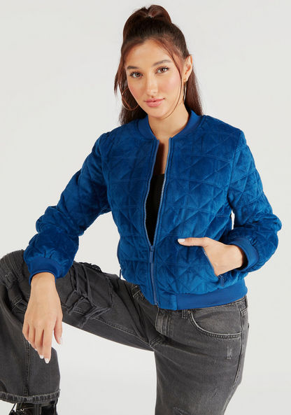 Quilted Zip Through Bomber Jacket with Long Sleeves and Pockets