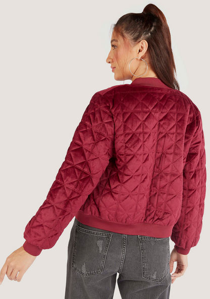 Quilted Zip Through Bomber Jacket with Long Sleeves and Pockets