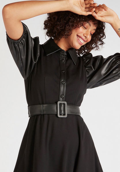 Solid Mini A-line Collared Dress with Short Sleeves and Belt