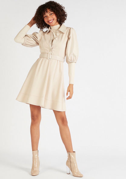 Solid Mini A-line Collared Dress with Short Sleeves and Belt