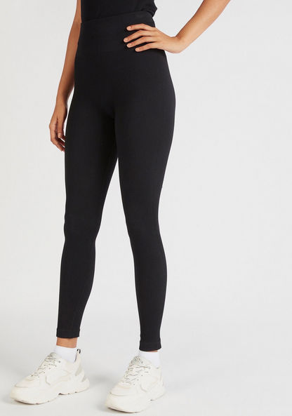 Textured Skinny Fit High-Rise Leggings with Elasticated Waistband-Leggings-image-0
