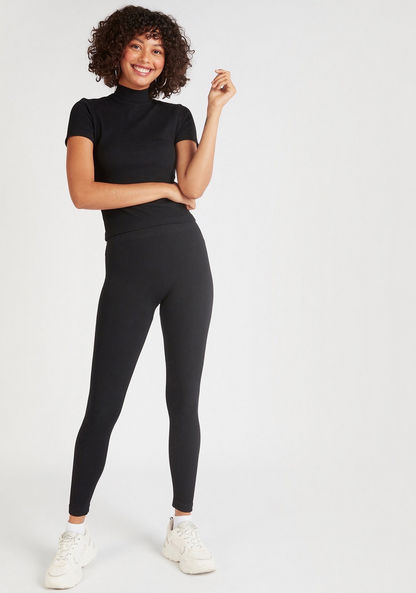 Textured Skinny Fit High-Rise Leggings with Elasticated Waistband-Leggings-image-1