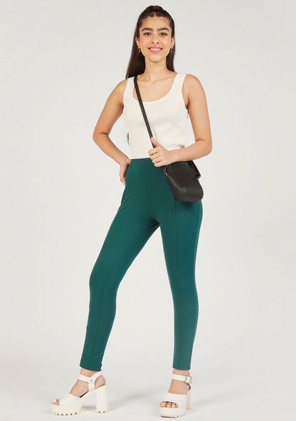 Solid Mid-Rise Leggings with Elasticated Waistband-Leggings-image-1